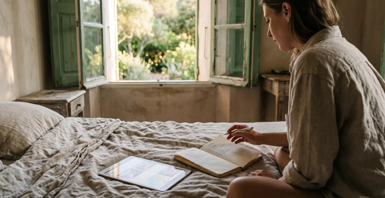 Une femme compare ses notes et sa tablette pour choisir une villa.