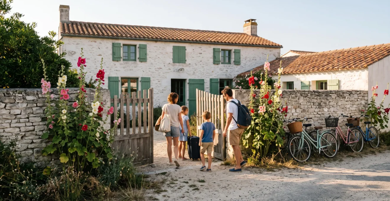 Une famille entre dans le jardin d'une villa en pierre avec ses valises.
