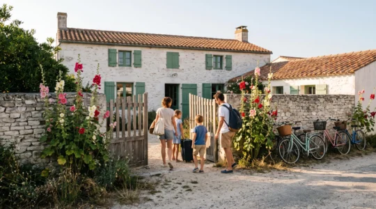 Une famille entre dans le jardin d'une villa en pierre avec ses valises.