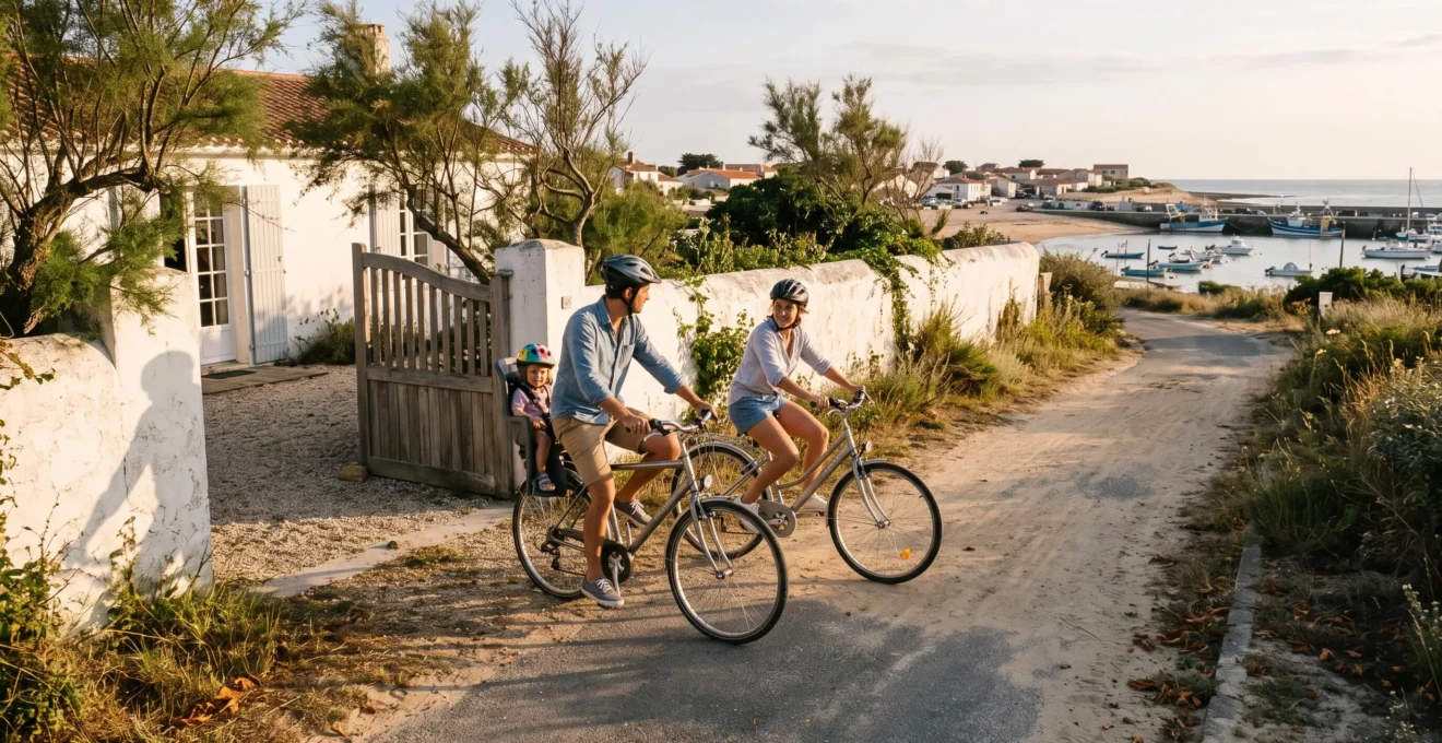 Une famille part en vélo sur une piste cyclable près du port.