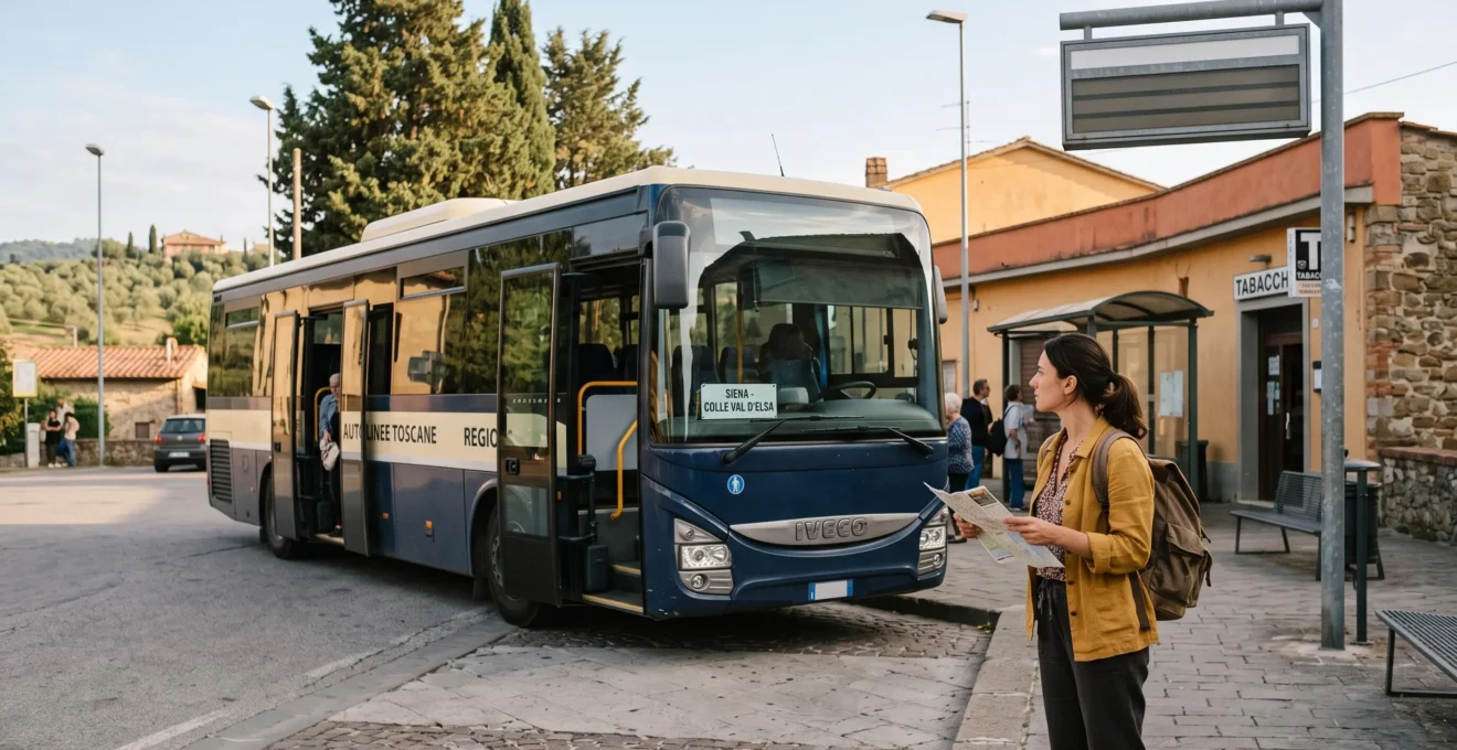 Regional bus at a Tuscan transport stop with a travel itinerary being checked
