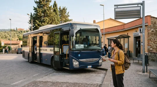 Regional bus at a Tuscan transport stop with a travel itinerary being checked