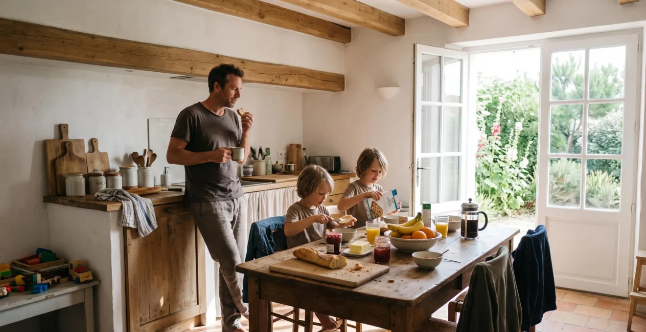 Un homme déjeune avec des enfants dans une cuisine de villa baignée de lumière.