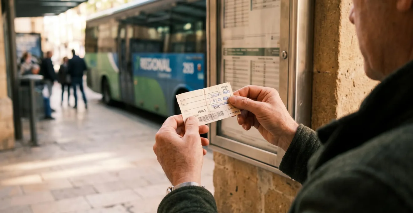 Close-up of a traveler checking a bus ticket beside a regional bus stop