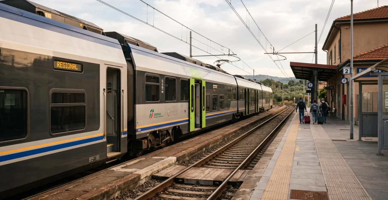 Regional passenger train waiting at a station in a Tuscan town